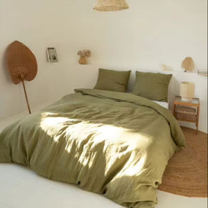 Housse de couette unie en coton lavé vert olive 100% avec 2 taies d'oreiller, style européen et américain, ensemble de literie 3 pièces pour la maison et les hôtels - Product Image 2