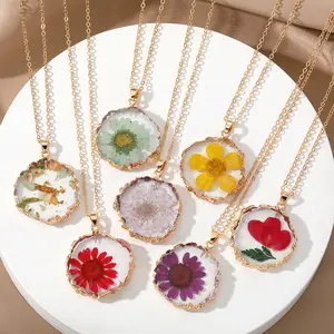 Natural December Dried Flower Necklace Birthstone Stone Jewelry Geometric Irregularity Plated 18K Gold Preserved Flower Necklace