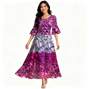 Abiti Lunghi da Donna con Stampa Hawaiana, Design Tribale Polinesiano, <span class=keywords><strong>Maniche</strong></span> <span class=keywords><strong>3</strong></span>/<span class=keywords><strong>4</strong></span>, in Poliestere Ecologico, Stampa su Richiesta - Product Image 2