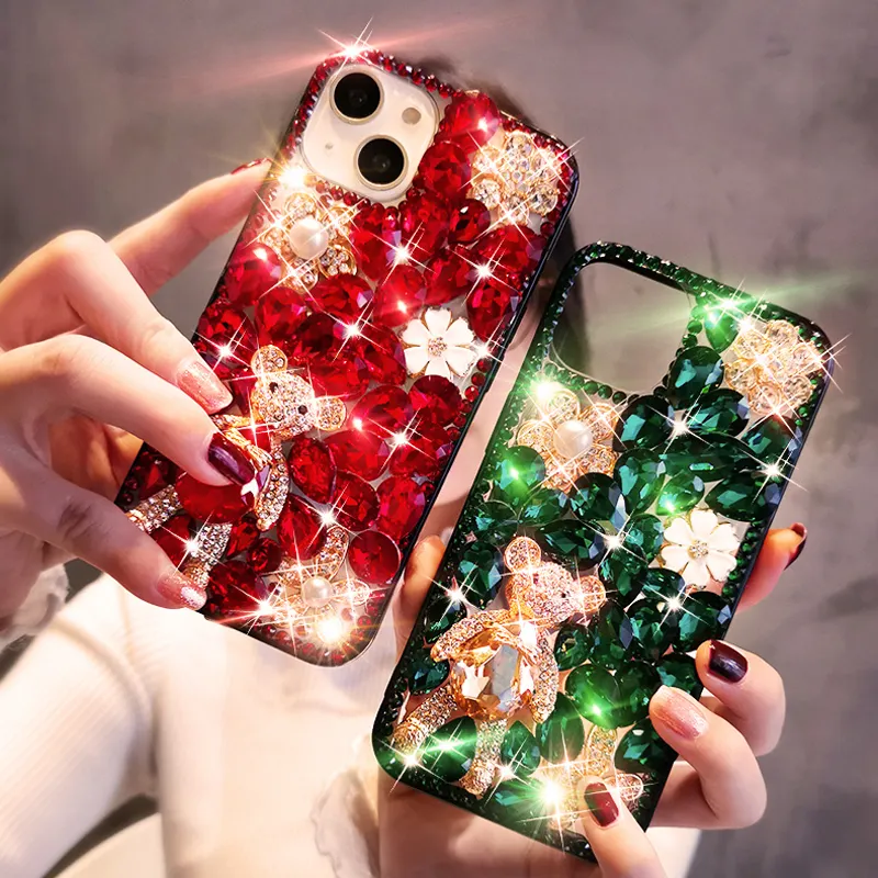 Luxury Glitter Rhinestone Phone Case Bling Bear Flower Diamond Cover for iPhone 14 Pro Max 11 12 13Pro XR Crystal Stone Case