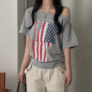 US Street Style Oversized Graphic Print <b>One</b> Shoulder <b>T</b> <b>Shirt</b> Women Loose Fit Drop Shoulder Short Sleeve Casual Tee Top - Product Image 2
