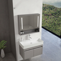 Ensemble de meuble-lavabo double vasque moderne en acier inoxydable avec vasque en céramique, miroir LED intelligent résistant à l'eau pour hôtel