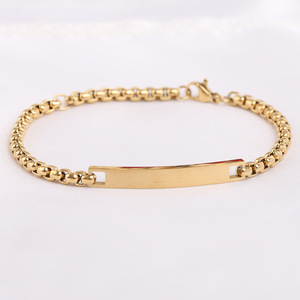 Women's <b>Gold</b> Tone Stainless Steel <b>Bracelet</b> 6mm <b>Bead</b> Chain With Engraved Plate Personalized Gift Jewelry - Product Image 1