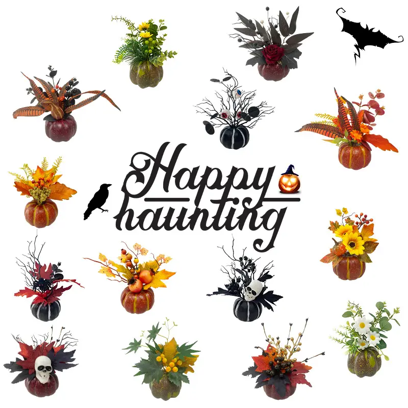 Ornamen dekorasi Halloween labu dengan laba-laba mawar bola mata tengkorak bunga alat peraga pesta Halloween untuk dekorasi meja perapian