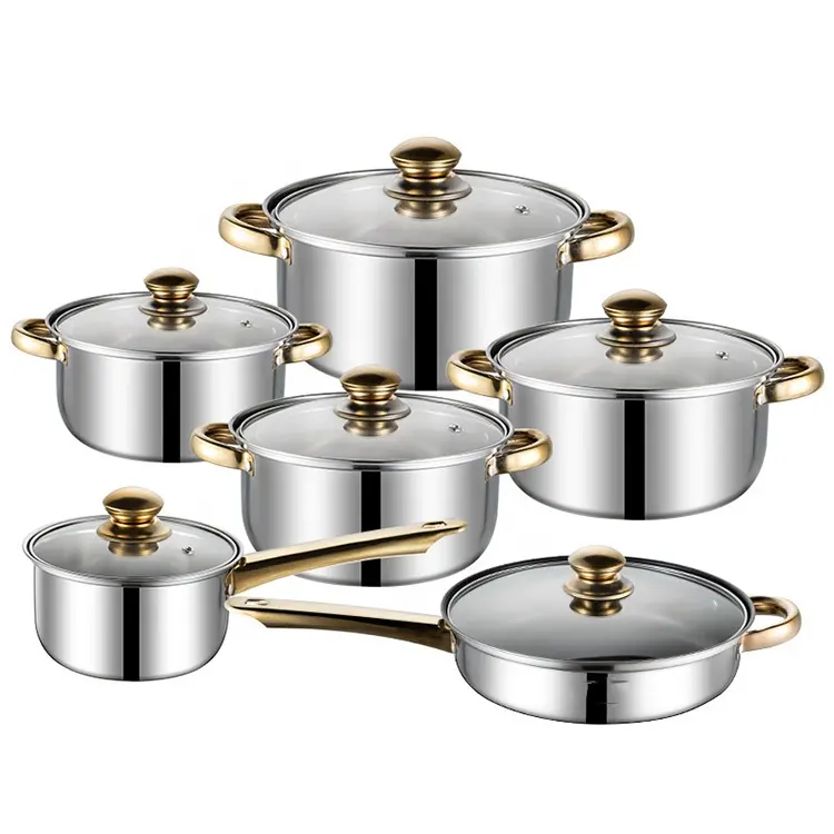 Customized home kitchen gold handle cooking pot frying pan 12-piece kitchen cookware set