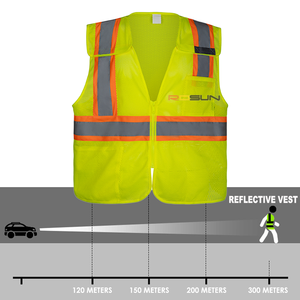 سترة أمان عالية الوضوح من الفئة 2 حسب معايير ANSI بلونين مع شريط عاكس بعرض 2 بوصة وإغلاق بسحاب وشعار مخصص وحقيبة أمامية - Product Image 2