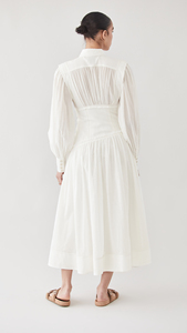 Robe blanche décontractée élégante col col boutonné sur le devant corsage manches longues ballons à volants pour dames - Product Image 5