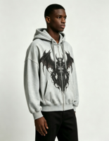 Sweat-shirt à capuche oversize zippé pour homme, imprimé DTG Kornit, motif démon gothique, style streetwear, en coton épais, décontracté