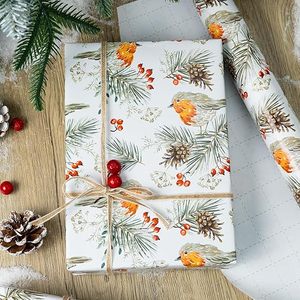 Winter watercolor cute bird pine cone red berries pattern copperplate packaging <b>paper</b> for daily use gift <b>wrapping</b> Christmas - Product Image 2