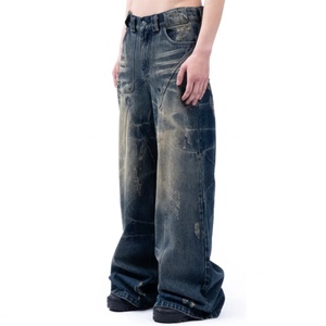 Wholesale 100% Cotton <b>Soft</b> Comfortable Distressed Loose Fit <b>Jeans</b> Deconstruct Design Hand Make Effect Washed Blue Men's <b>Jeans</b> - Product Image 2
