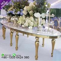 Venta caliente decoración muebles conjunto Hotel espejo de acero inoxidable boda mesa de cristal superior pastel exhibición para fiesta