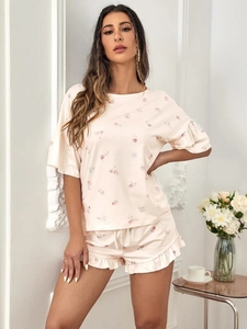 <span class=keywords><strong>Ensemble</strong></span> <span class=keywords><strong>de</strong></span> pyjama à manches courtes <span class=keywords><strong>pour</strong></span> femme, imprimé Floral, Modal, épaules tombantes, nœud sur le devant - Product Image 3