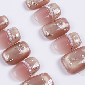 Uñas Postizas de Lujo Hechas a Mano, Cortas, Cuadradas y Ovaladas, con Diseño de Ojo de Gato, Adornos Florales Dorados y Perlas, Uñas Adhesivas, Unhas Autocolantes - Product Image 1