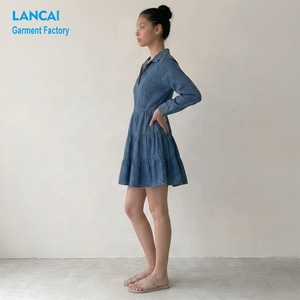 Nuovo Mini Abito in Denim con Zip Frontale, Maniche Lunghe, Gonna a Balze Stratificate, Vestito Svasato in Jeans Blu per <span class=keywords><strong>Donna</strong></span>, Streetwear con Logo Personalizzato - Product Image 3