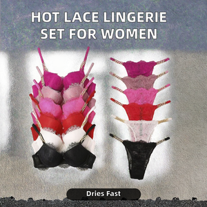 Nouvel ensemble de lingerie sexy en dentelle 2 pièces pour femme adulte – Soutien-gorge et culotte bikini, motif uni teint, avec logo pour femme mature sur la taille - Product Image 2