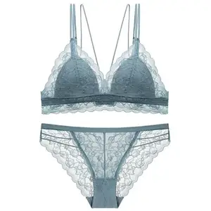 French lace triangle cup girl's ultra-thin bra without rims big breasts small briefs push-up sexy underwear set