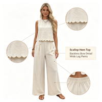Ensemble de pantalon large et haut sans manches VELAN pour femme, avec nœud à nouer dans le dos, idéal pour l'été – Vêtements de détente tendance pour femme
