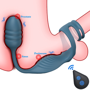 Groothandel Hulamy merk afstandsbediening vibrerende mannelijke cockring anale plug siliconen+ABS materiaal IPX7 waterdicht vertraging - Product Image 1