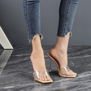 Sandales à talons hauts pour femme, transparentes en PVC, ornées de strass, à bout ouvert, style mule, talon aiguille en acrylique - Product Image 3
