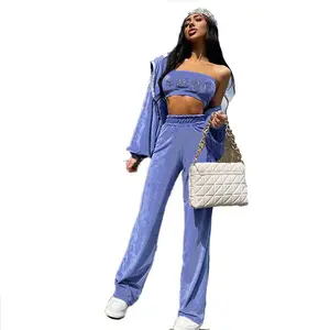 Wholesale Casual Women Polyester Cotton Spring Sports and Leisure Suit Autumn New hot Drill Sexy Bustier Pants Set