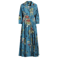 Robe longue plissée bleu sarcelle à manches trois-quarts avec imprimé botanique intégral et col cranté - Fournisseur vérifié du Guangdong, Chine
