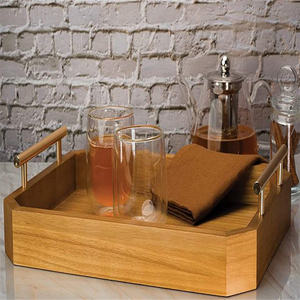Compre bandeja de servicio de madera a precio de fábrica Bandeja de madera de acacia con mango de metal para el hogar - Product Image 3