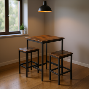 Ensemble de table de bar carrée rustique de style industriel en brun avec 2 chaises, meubles de bar de cuisine gain de place - Product Image 2