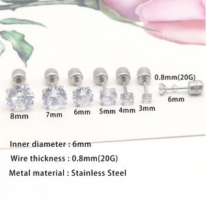 Boucles d'oreilles clous rondes en acier inoxydable avec zircon serti à griffes pour piercing du cartilage, bijoux de fête 0.8*6*3MM à 0.8*6*8MM - Product Image 3