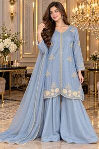 Embroidered Churidar Plazo Suit Chiffon Dupatta Traditional Dress <b>Wedding</b> Festival Wear Buttersilk Pure Stuff Handwork Wrinkle - Product Image 3