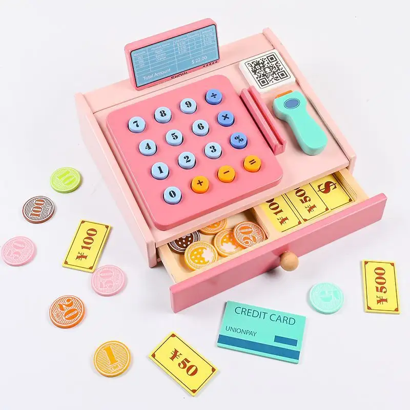 Hölzerne Registrier kasse mit Spielgeld-Scanner-Simulation Geldkarten-Scheck Geld Digitale Aufklärung Kognitives Spiels pielzeug