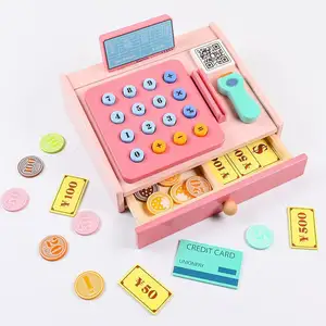 Wooden Cash Register With Play Money Scanner Simulation Money Card Check Money Digital Enlightenment Cognitive Game Toys