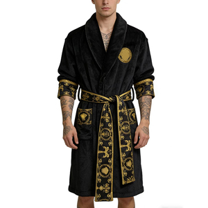 Peignoir en velours <span class=keywords><strong>de</strong></span> haute qualité européen, absorbant, imprimé, brodé, à manches longues, avec poche, noir et or, pour <span class=keywords><strong>homme</strong></span> - Product Image 1