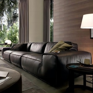 Italian Minimalist Big <b>Black</b> Cow Genuine Leather <b>Sofa</b> Living Room High End Straight Top Grain Cowhide Leather <b>Sofa</b> Set - Product Image 2