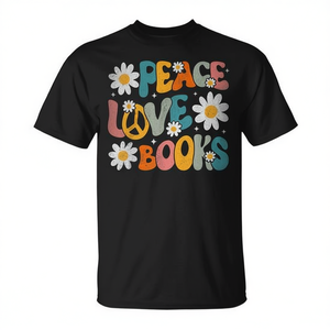 Camiseta Peace Love Books para bibliófilos, bibliotecarios y profesores de lectura - Ropa promocional genial - Product Image 2