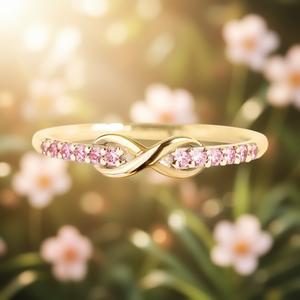 Anillo de Compromiso Romántico con Banda Infinita para Mujer, Chapado en Oro Amarillo sobre Cobre, Diamantes Rosados de Corte Brillante, Engaste en Pavé - Product Image 2