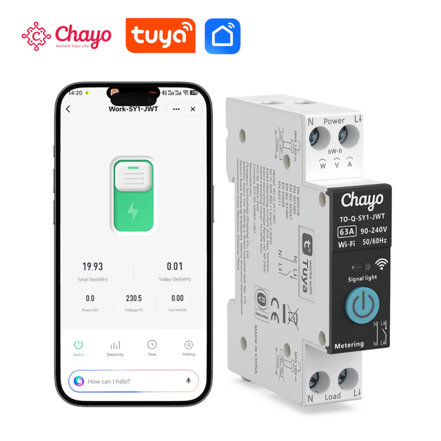 API WiFi Tuya Smart Switch Relay MCB Circuit Breaker 1P+N with Metering and Multiple Timing Control 90-240V 6-63A CE Chayo