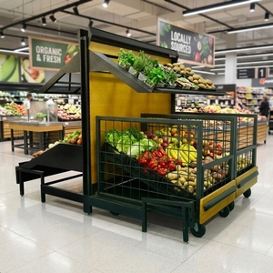 Espositore <span class=keywords><strong>per</strong></span> Frutta e Verdura a Doppio Lato in Acciaio e <span class=keywords><strong>Legno</strong></span> <span class=keywords><strong>per</strong></span> Supermercati, Vendita all'Ingrosso - Product Image 1