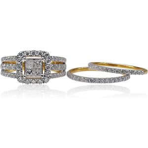 Conjunto de Anillos de Boda con Diamantes Ornaatis, Oro Amarillo de 14k, Corte Princesa, Halo, Joyería de Compromiso y Boda para Mujer, Diseño Geométrico - Product Image 1