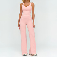 Conjunto Deportivo de Tela Suave Cepillada con Bloques de Color, Sujetador de Doble Tirante y Pantalones de Pierna Ancha con Control Abdominal para Mujer, Ropa Deportiva para Gimnasio