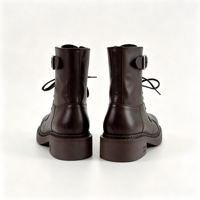 Sepatu Wanita Kulit Sapi Lembut Cokelat Vintage Model Retro Combat dengan Tali, Gesper Logam, Ritsleting Samping, Hak Tebal, Musim Gugur Musim Dingin, MOQ Rendah