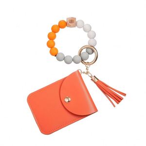 2025 New Plain Silicone Beads <b>Bracelet</b> Pu Card Holder With Women's Wallet <b>Leather</b> Tassel Key Chain - Product Image 3