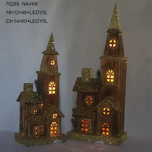 Nhà thờ với đèn LED Gỗ Thu Nhỏ Làng giáng sinh nhà thủ công bằng gỗ cho kỳ nghỉ trang trí