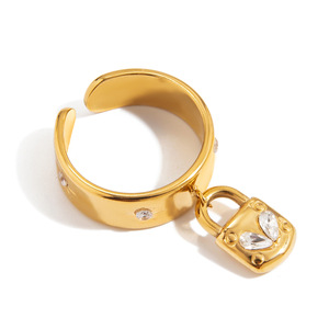 18K Gold Stainless Steel <b>Ring</b> With White Heart Zircon Lock Pendant <b>Open</b> Design Unisex Everyday Wear - Product Image 5