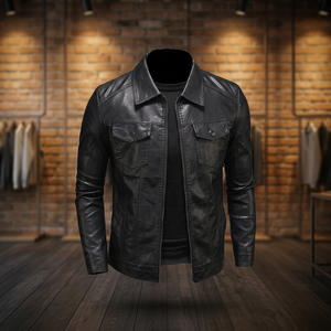 <b>Men</b> Genuine Leather <b>Jacket</b> Moto Biker Style Stand Collar Zipper Closure Regular Fit Solid Color Winter Wear Front Breathable - Product Image 1