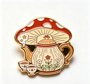 Broche de esmalte con diseño de tetera de hongos rojos y blancos, de metal dorado, para regalo y decoración - Product Image 2