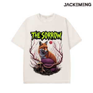 Camiseta Oversize <span class=keywords><strong>de</strong></span> Algodón Lavado con Estampado <span class=keywords><strong>de</strong></span> Calavera <span class=keywords><strong>de</strong></span> Zorro <span class=keywords><strong>de</strong></span> Terror y Luna Roja, Estilo Retro Urbano, Informal Diaria, Almacén <span class=keywords><strong>de</strong></span> EE. UU. - Product Image 3
