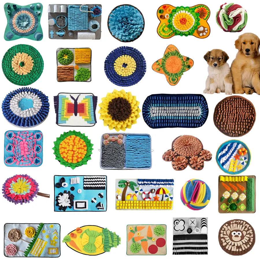 Various styles of dog Snuffle mat enhance pet foraging pads for olfactory training and slow eating