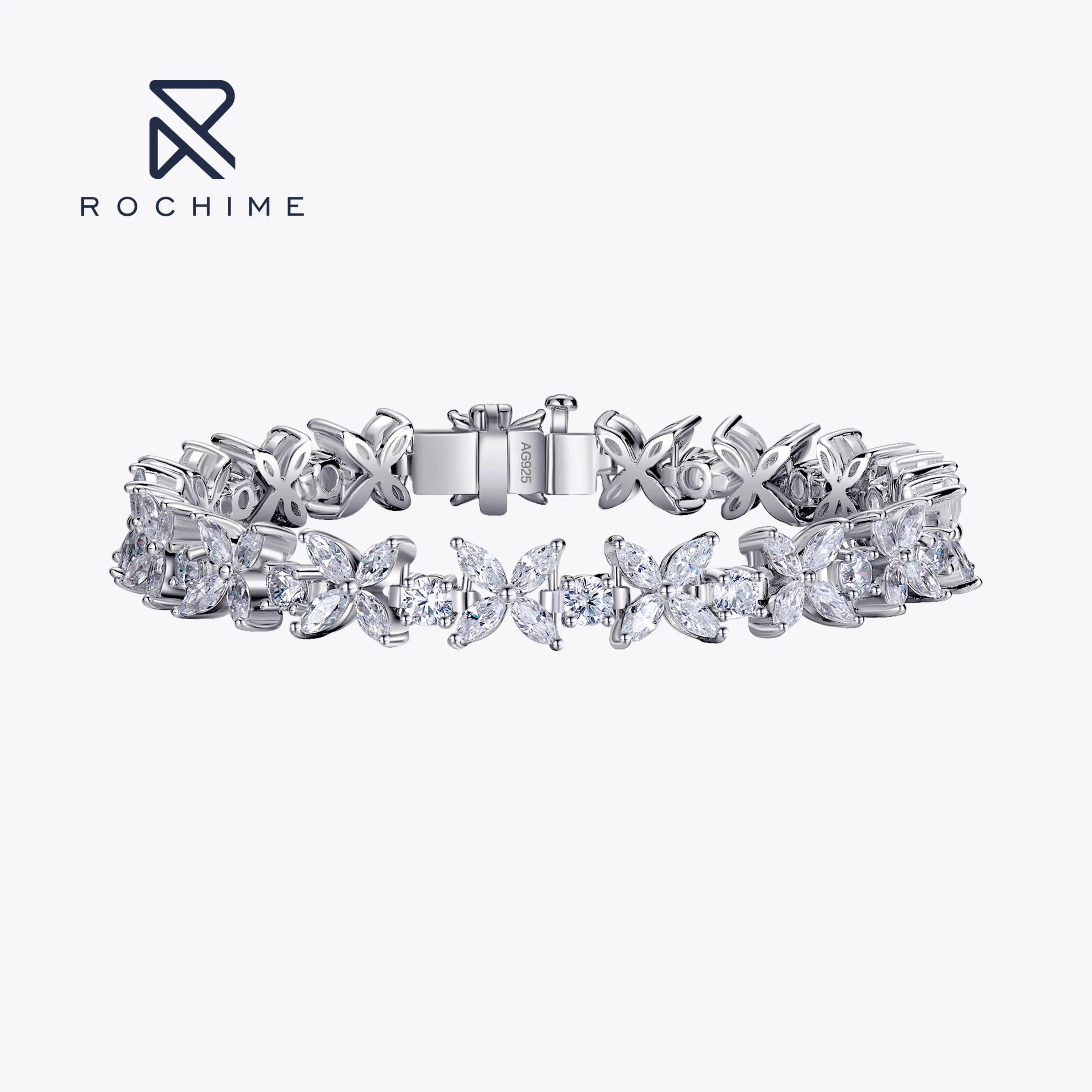 Rochime elegante marquise cut CZ bracciale con diamanti 925 gioielli in argento sterling color oro bianco