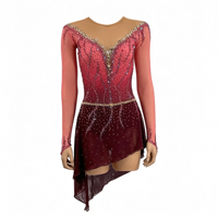Robe de patinage artistique à col en V et manches longues, dégradé rouge vin, avec strass en maille pour enfants et adultes, pour compétitions et spectacles sur glace