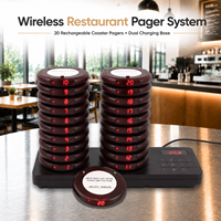Système d'appel sans fil pour restaurant avec 20 pagers rechargeables de type coaster, émetteur à clavier tactile et ensemble de base de charge double